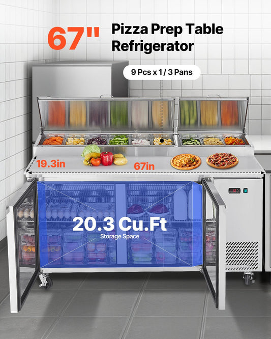 67"W Commercial Refrigerator, Pizza Prep Refrigerated Table, 20" Ultra Wide Countertop Food Prep Worktable, 20.3 Cu.Ft Single Door Salad Prep Fridge, 9 Pans Pizza Make Worktop with Cutting Board