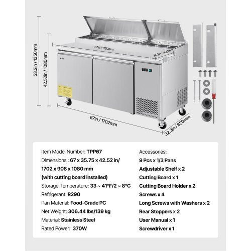 67"W Commercial Refrigerator, Pizza Prep Refrigerated Table, 20" Ultra Wide Countertop Food Prep Worktable, 20.3 Cu.Ft Single Door Salad Prep Fridge, 9 Pans Pizza Make Worktop with Cutting Board