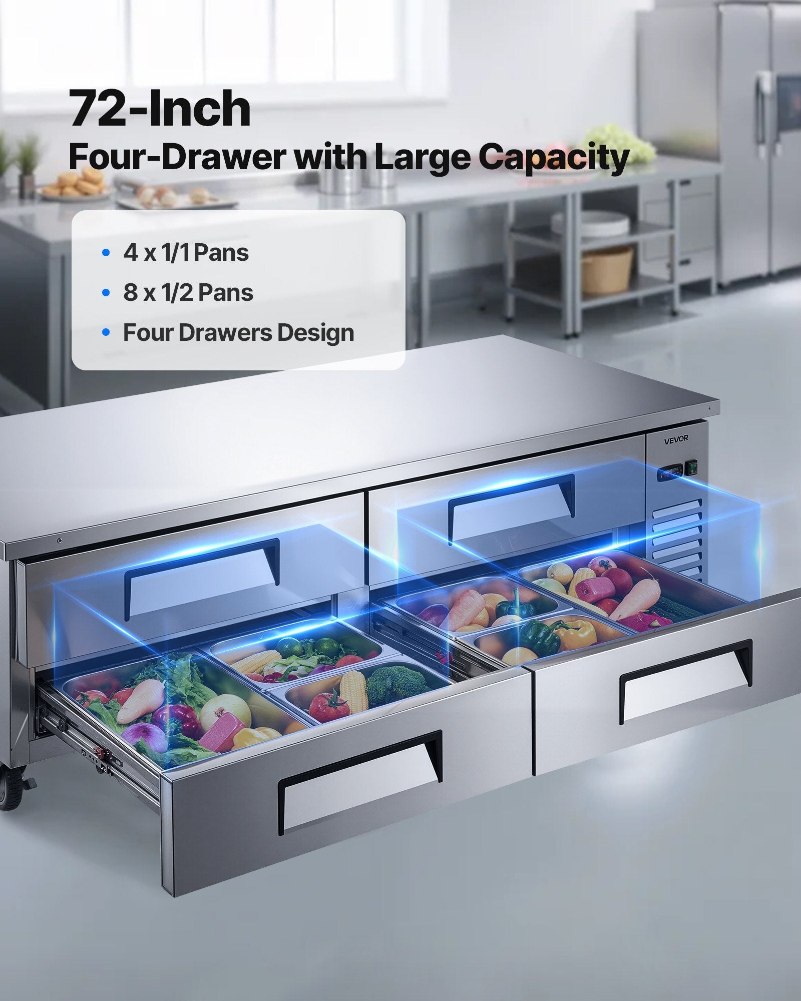 Chef Base Refrigerator, 72" W Commercial Chef Bases Worktop Refrigerators, 4-Drawer Under Counter Fridge with 12 Pans Stainless Steel, Heavy-Duty Refrigerated Base, Invisible Door Handle - American Smart