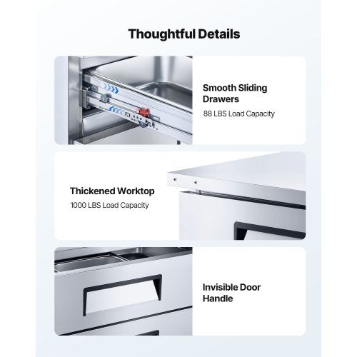 Chef Base Refrigerator, 72" W Commercial Chef Bases Worktop Refrigerators, 4-Drawer Under Counter Fridge with 12 Pans Stainless Steel, Heavy-Duty Refrigerated Base, Invisible Door Handle - American Smart