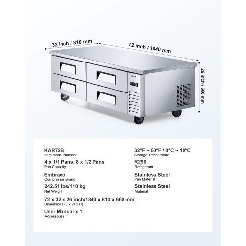 Chef Base Refrigerator, 72" W Commercial Chef Bases Worktop Refrigerators, 4-Drawer Under Counter Fridge with 12 Pans Stainless Steel, Heavy-Duty Refrigerated Base, Invisible Door Handle - American Smart