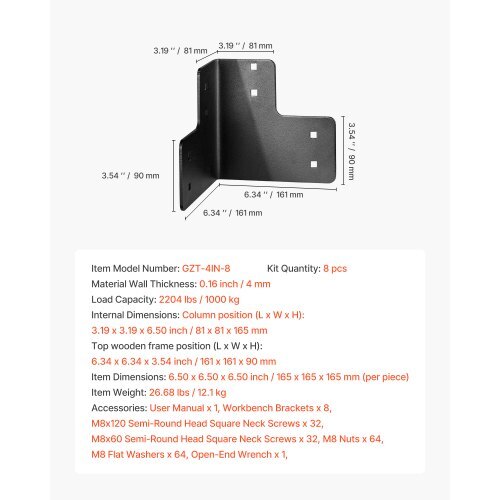 Workbench Corner Bracket Kit, 6.50 x 6.50 x 6.50 inch / 165 x 165 x 165 mm, 2204lbs/1000kg Load Capacity, Heavy Duty Sturdy Steel Angle Brackets with Screws, for Desk Shop Table Platform, 8 Pcs