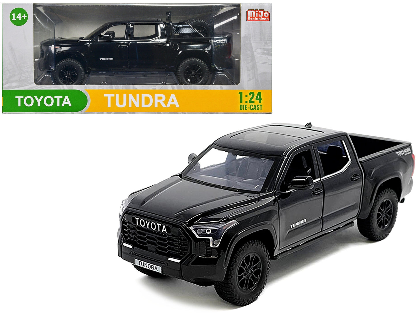 Black 2023 Toyota Tundra TRD 4x4 pickup truck diecast model with sunroof and wheel rack, detailed 1/24 scale toy car.