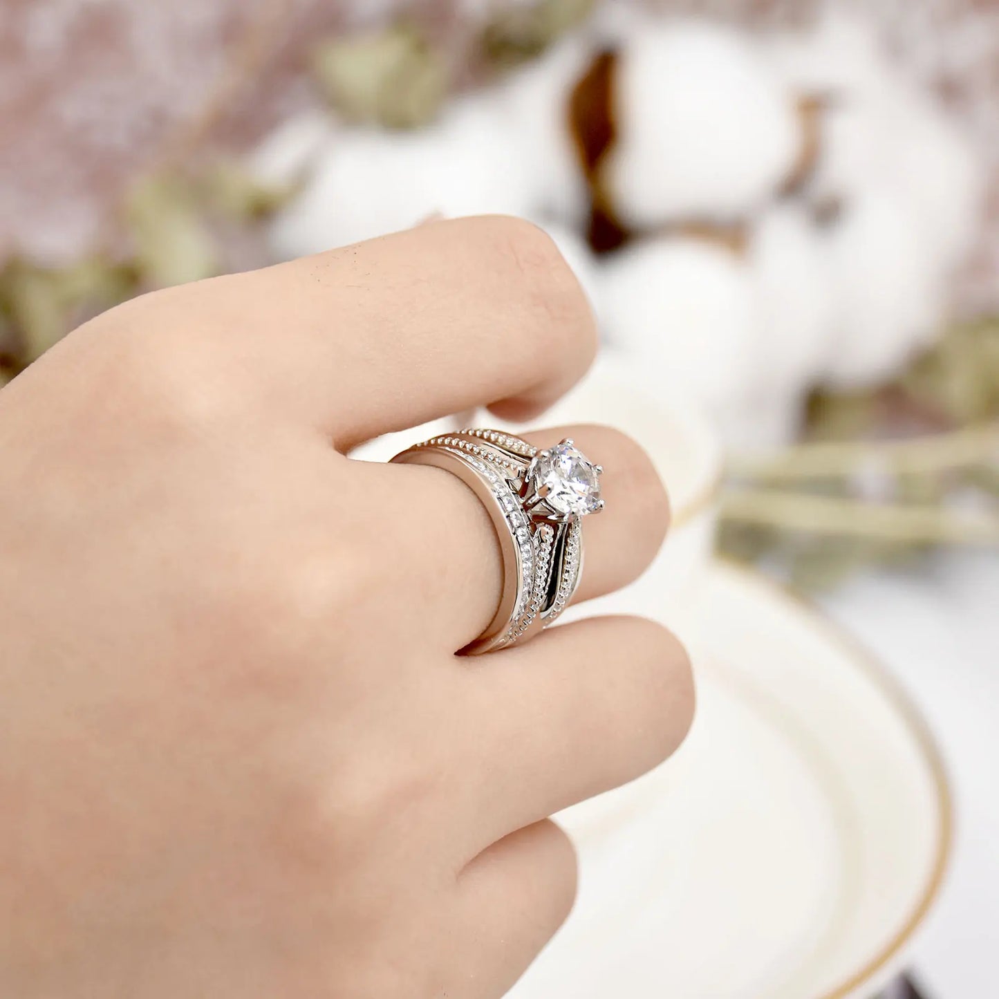 Newshe 2 Pcs Wedding Ring Set 925 Sterling Silver Solitaire Round CZ Engagement Rings for Women Luxury Jewelry