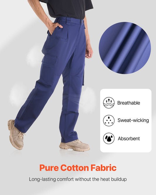 FR Pants for Men, 9 oz 100% Cotton, Flame-Resistant Cargo Pants with Multi-Pockets and Elastic Waist, Reinforced Tear-proof Stitching, Ideal for Welding Work and Casual Wear, XL Size, Dark Blue