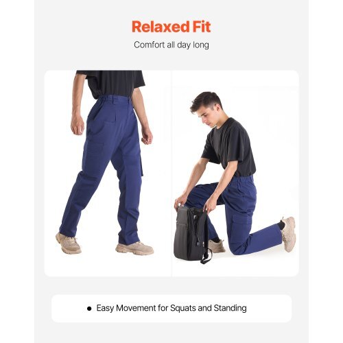 FR Pants for Men, 9 oz 100% Cotton, Flame-Resistant Cargo Pants with Multi-Pockets and Elastic Waist, Reinforced Tear-proof Stitching, Ideal for Welding Work and Casual Wear, XL Size, Dark Blue