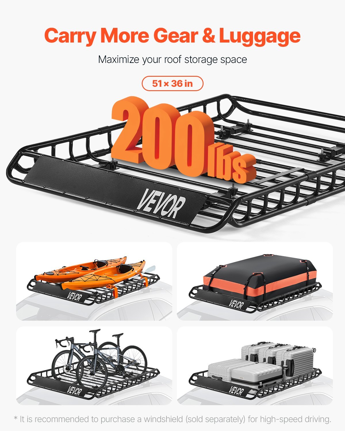 Roof Rack Basket, 51 x 36 x 4.1 in, Universal Rooftop Cargo Carrier with 1120 x 870 x 260 mm Cargo Bag, Net, Ratchet Straps, 200 lbs Max Load Capacity Car Top Luggage Holder, for SUV Truck Car - American Smart