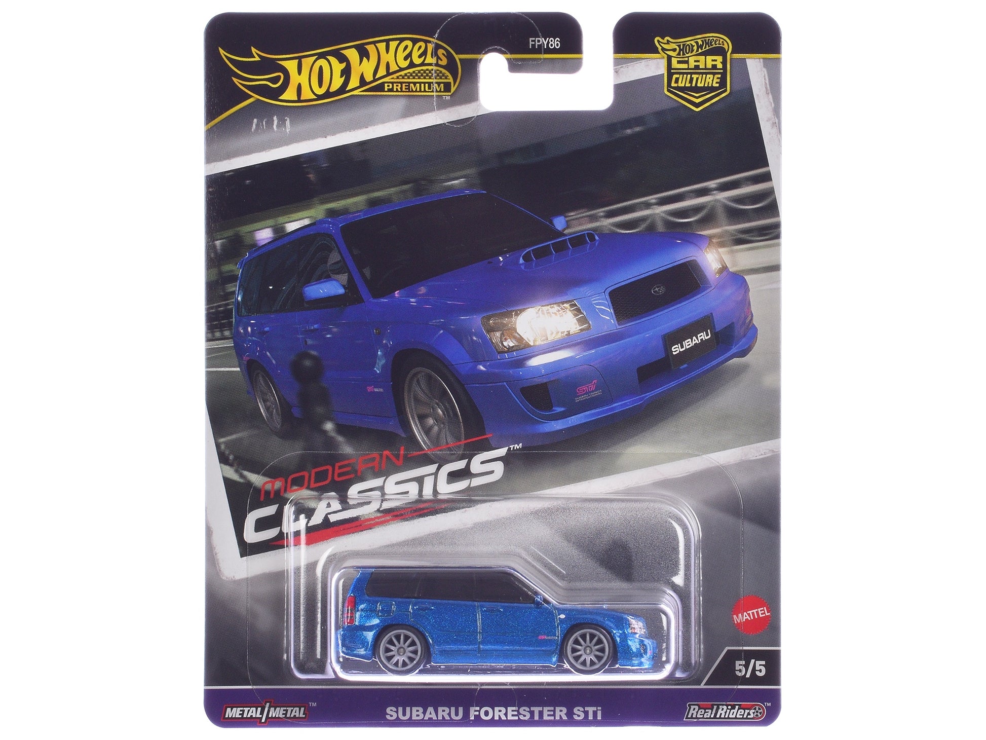 Blue metallic Subaru Forester STi diecast model car by Hot Wheels from the Modern Classics series, detailed and collectible.