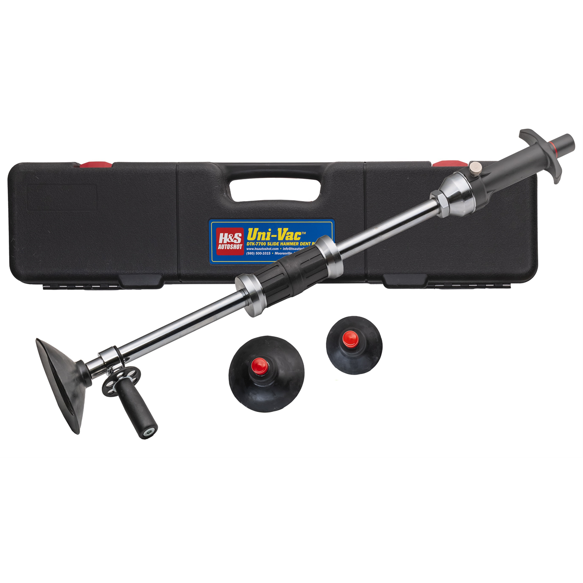 H&S AutoShot DTK-7700 Uni-Vac suction cup dent pull slide hammer with 28-inch bar in carrying case for body panel repair.