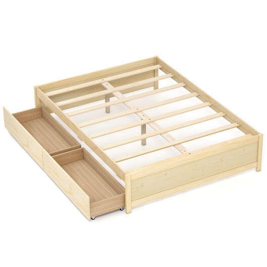 Full size wooden bed frame with natural finish and two rolling storage drawers, American Smart bedroom furniture.