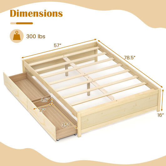 Full Size Wooden Bed Frame with 2 Rolling Storage Drawers-Natural - Color: Natural - Size: Full Size