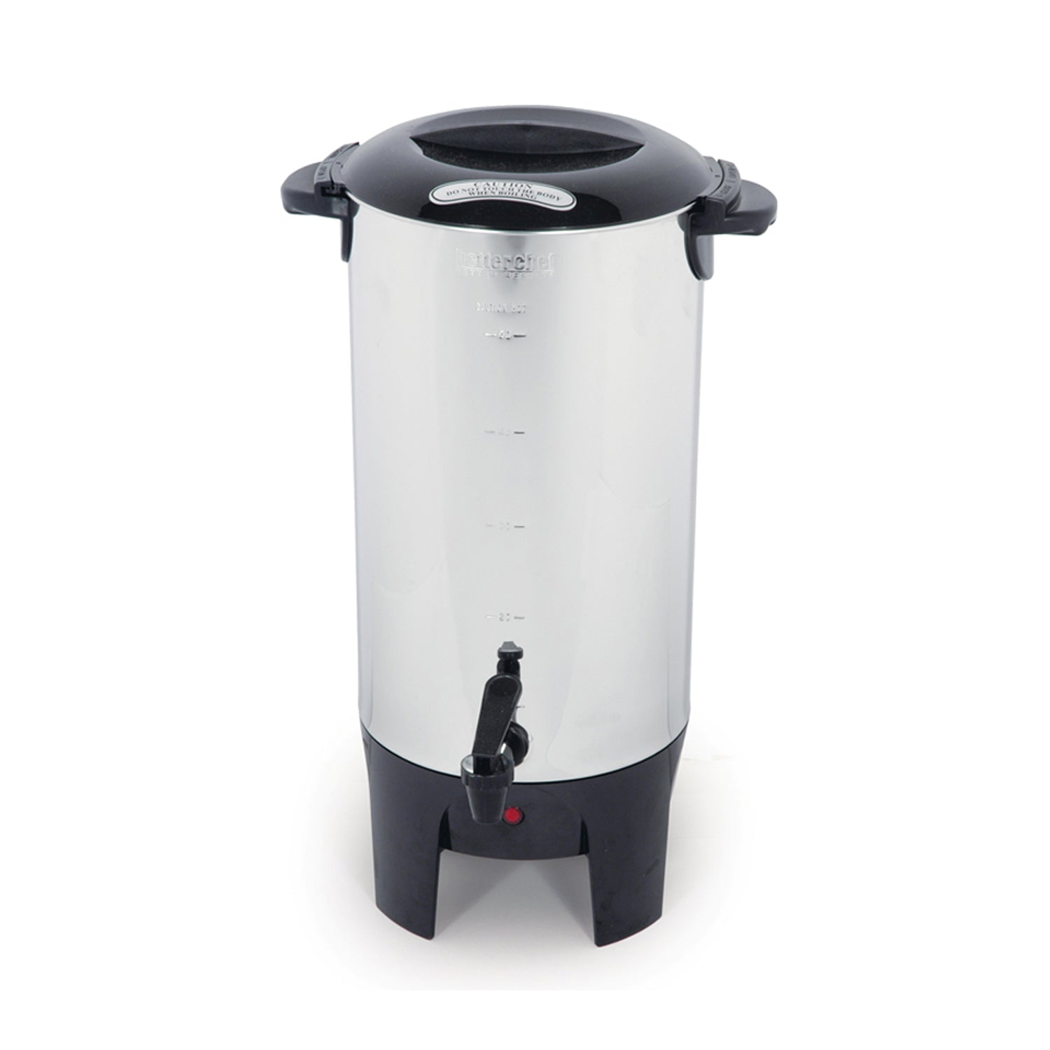 Better Chef 10-50 cup coffeemaker in a kitchen setting, showcasing the large, black and stainless steel appliance with brewing basket