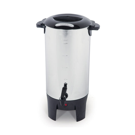 Better Chef 10-50 cup coffeemaker in a kitchen setting, showcasing the large, black and stainless steel appliance with brewing basket
