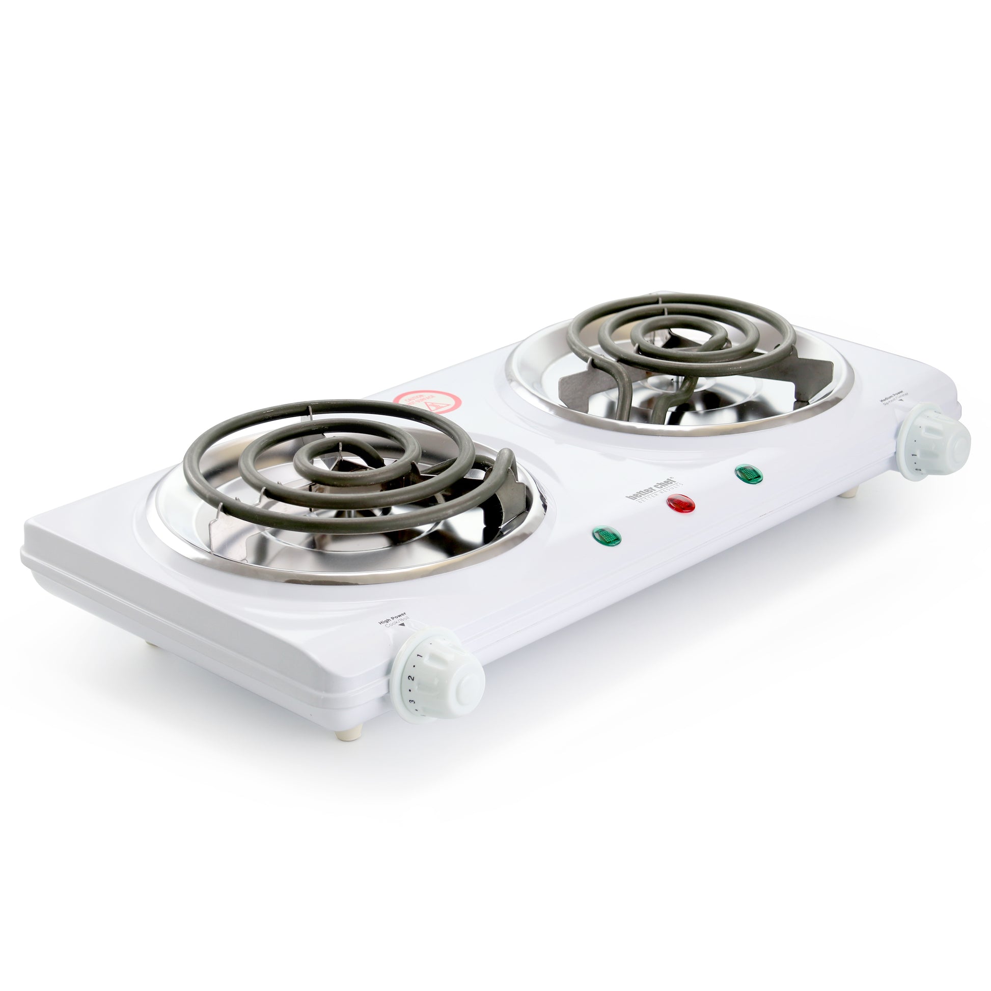 Better Chef dual element electric countertop range with two burners and control knobs on a kitchen countertop.