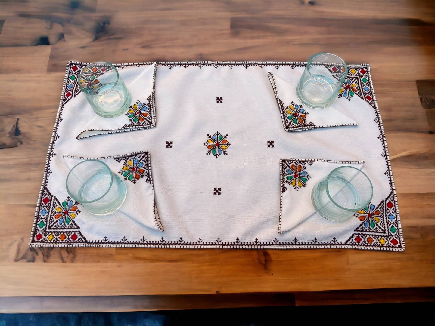 Embroidered Tray Cover & Napkins, Authentic Moroccan Hand embroidered linen Tray cloth + 6 napkins, Colorful Tray Cover, heartwarming gift.-3