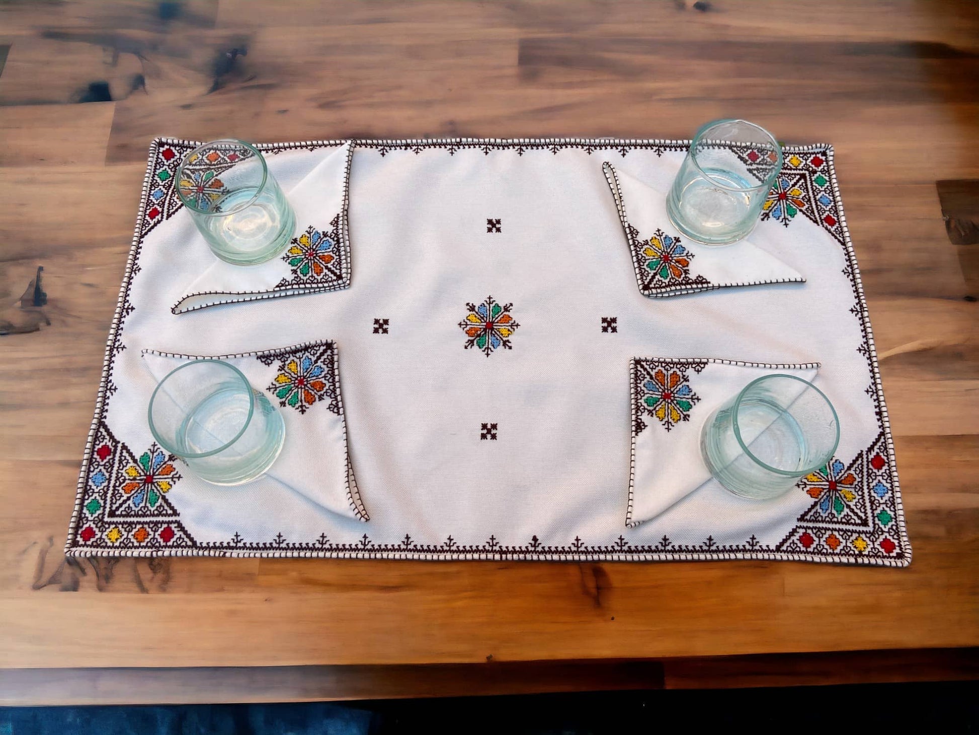 Embroidered Tray Cover & Napkins, Authentic Moroccan Hand embroidered linen Tray cloth + 6 napkins, Colorful Tray Cover, heartwarming gift.-3