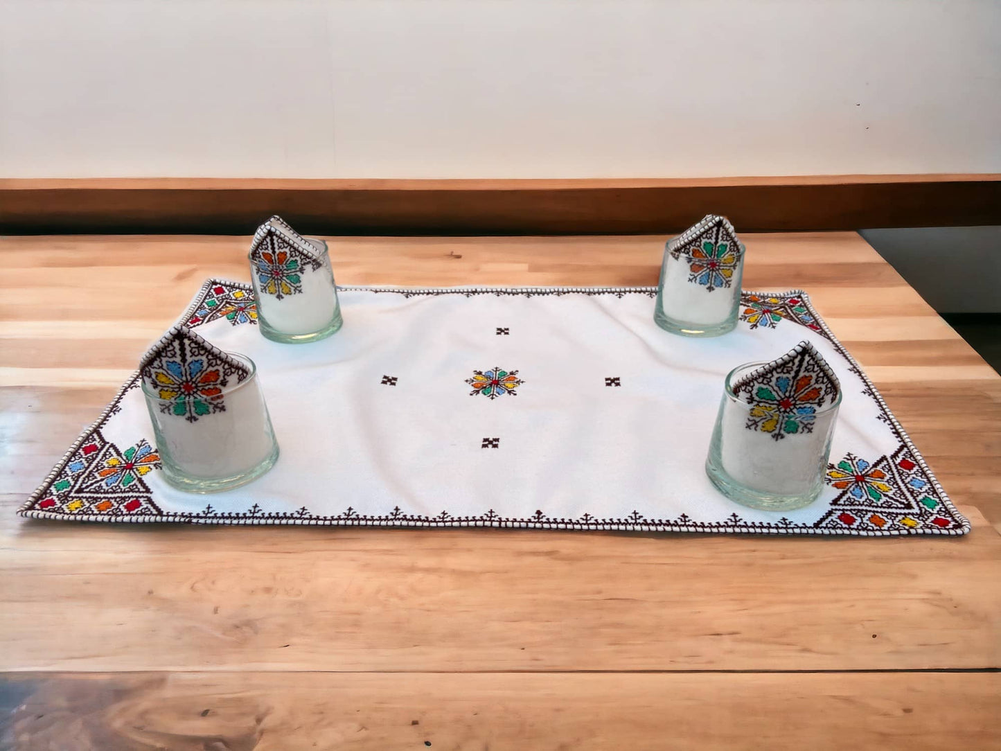 Embroidered Tray Cover & Napkins, Authentic Moroccan Hand embroidered linen Tray cloth + 6 napkins, Colorful Tray Cover, heartwarming gift.-2