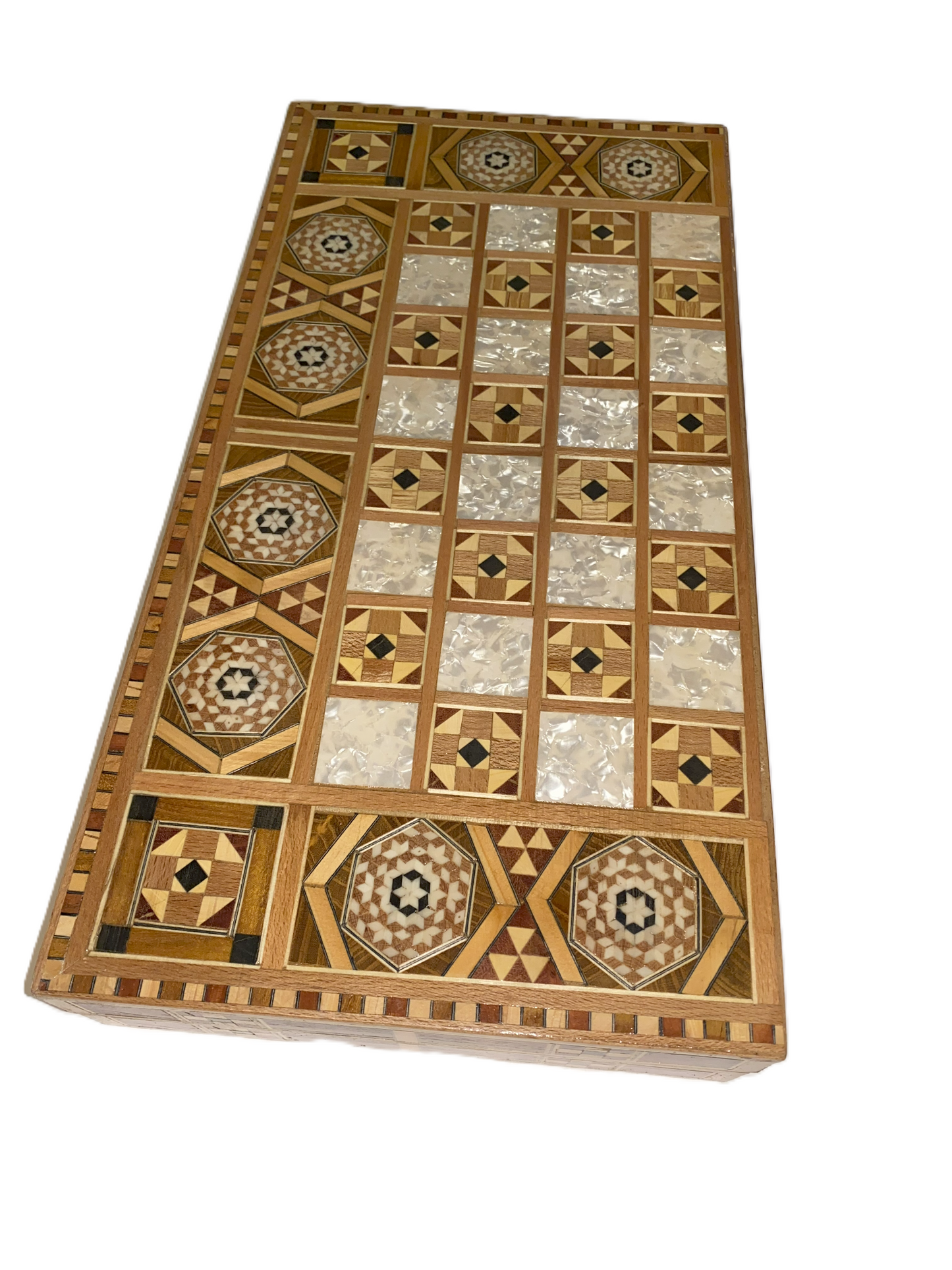 Vintage Mosaic Wooden Inlaid Marquetry Box Backgammon Set