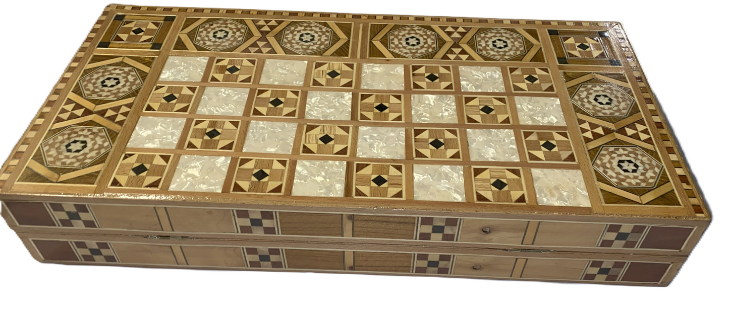 Vintage Mosaic Wooden Inlaid Marquetry Box Backgammon Set
