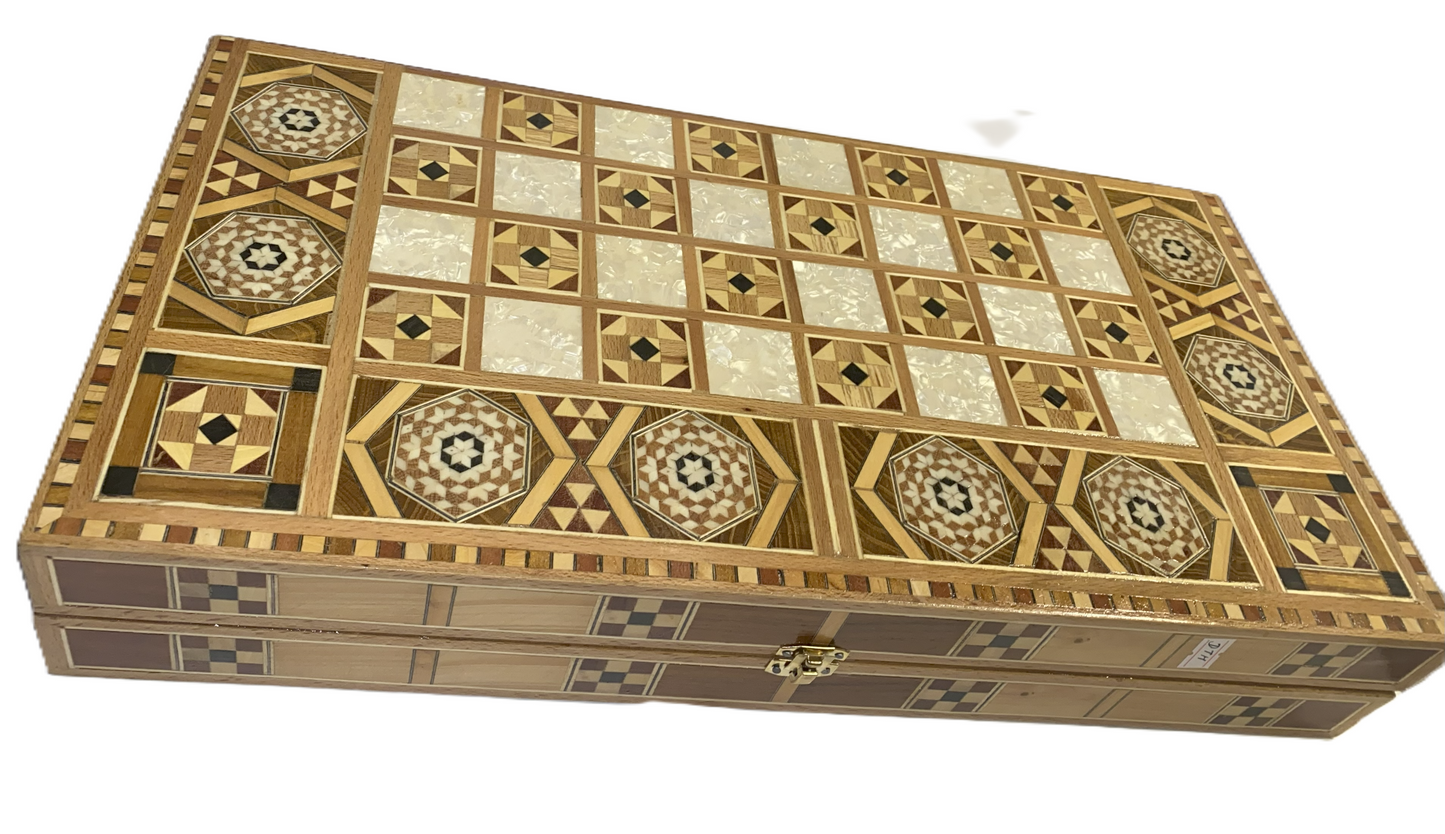 Vintage Mosaic Wooden Inlaid Marquetry Box Backgammon Set