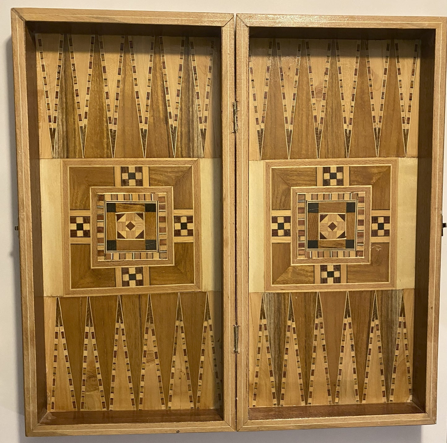 Vintage Mosaic Wooden Inlaid Marquetry Box Backgammon Set