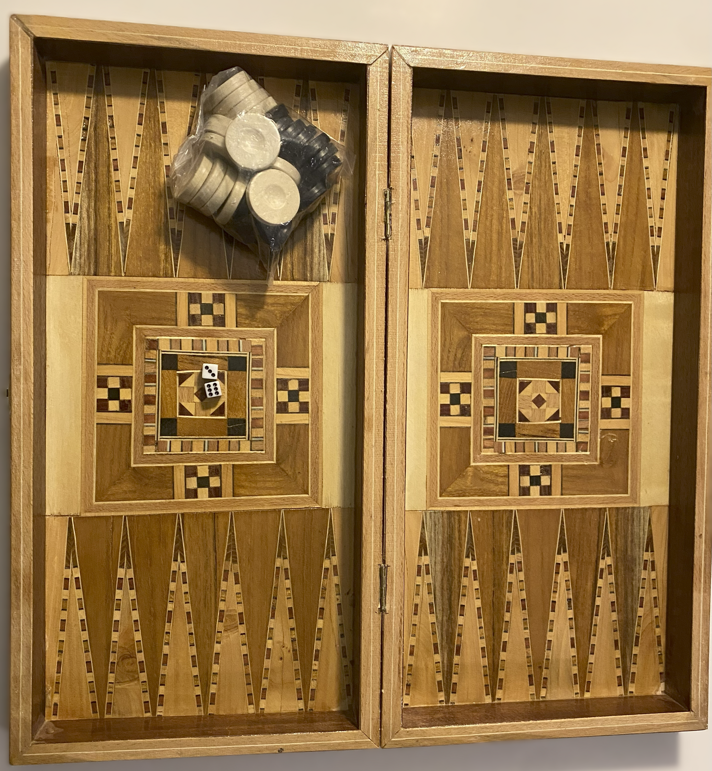 Vintage Mosaic Wooden Inlaid Marquetry Box Backgammon Set