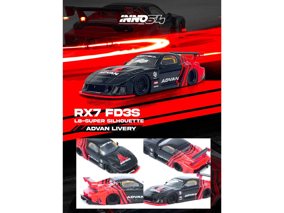Mazda RX7 (FD3S) LB-Super-Silhouette RHD (Right Hand Drive) "Advan Livery" Red and Black 1/64 Diecast Model Car by Inno Models-1
