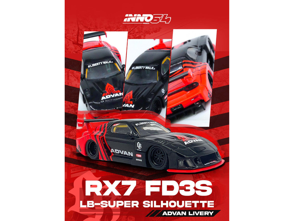 Mazda RX7 (FD3S) LB-Super-Silhouette RHD (Right Hand Drive) "Advan Livery" Red and Black 1/64 Diecast Model Car by Inno Models-2