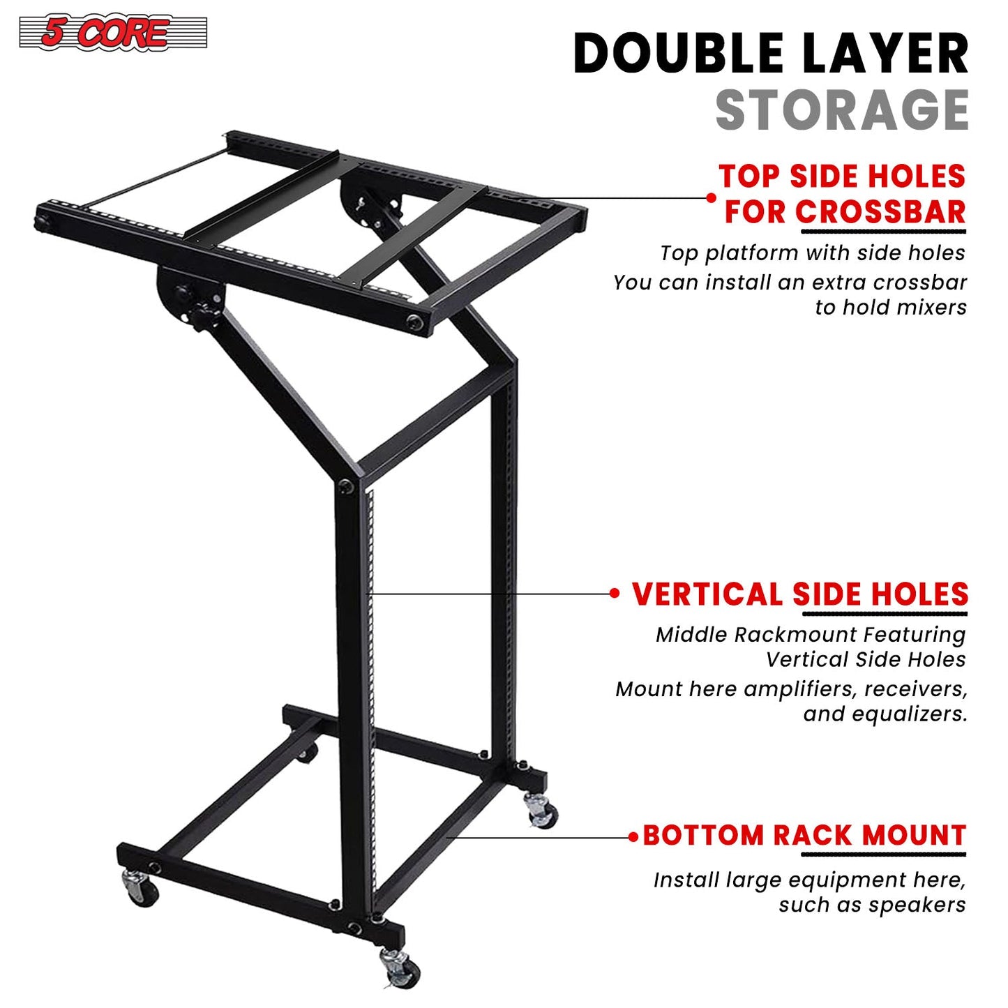 5Core DJ Mixer Stand 12U Adjustable Rack Mount Rolling Stage Cart Pro Audio Studio Equipment w Wheel-1
