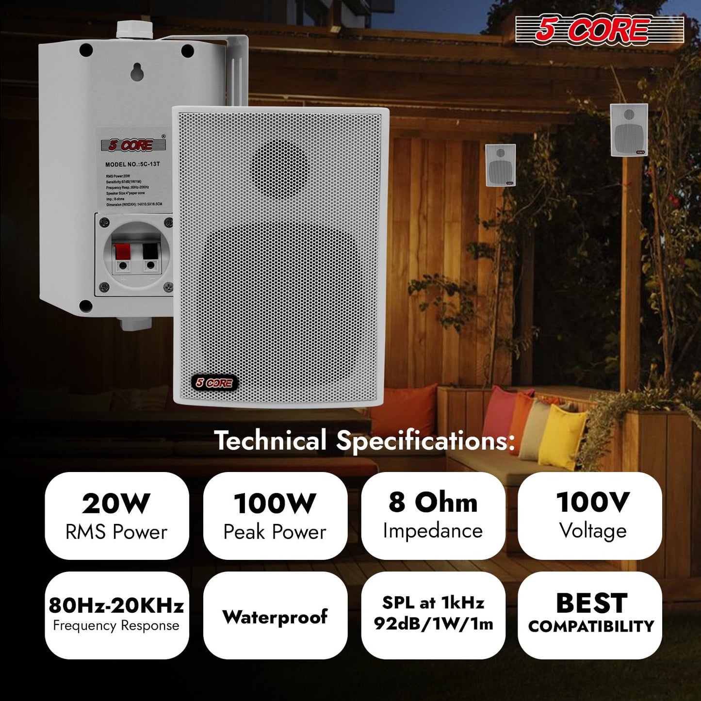 5Core Outdoor Speakers Stereo In Wall 100W Peak Passive Home Audio System-1