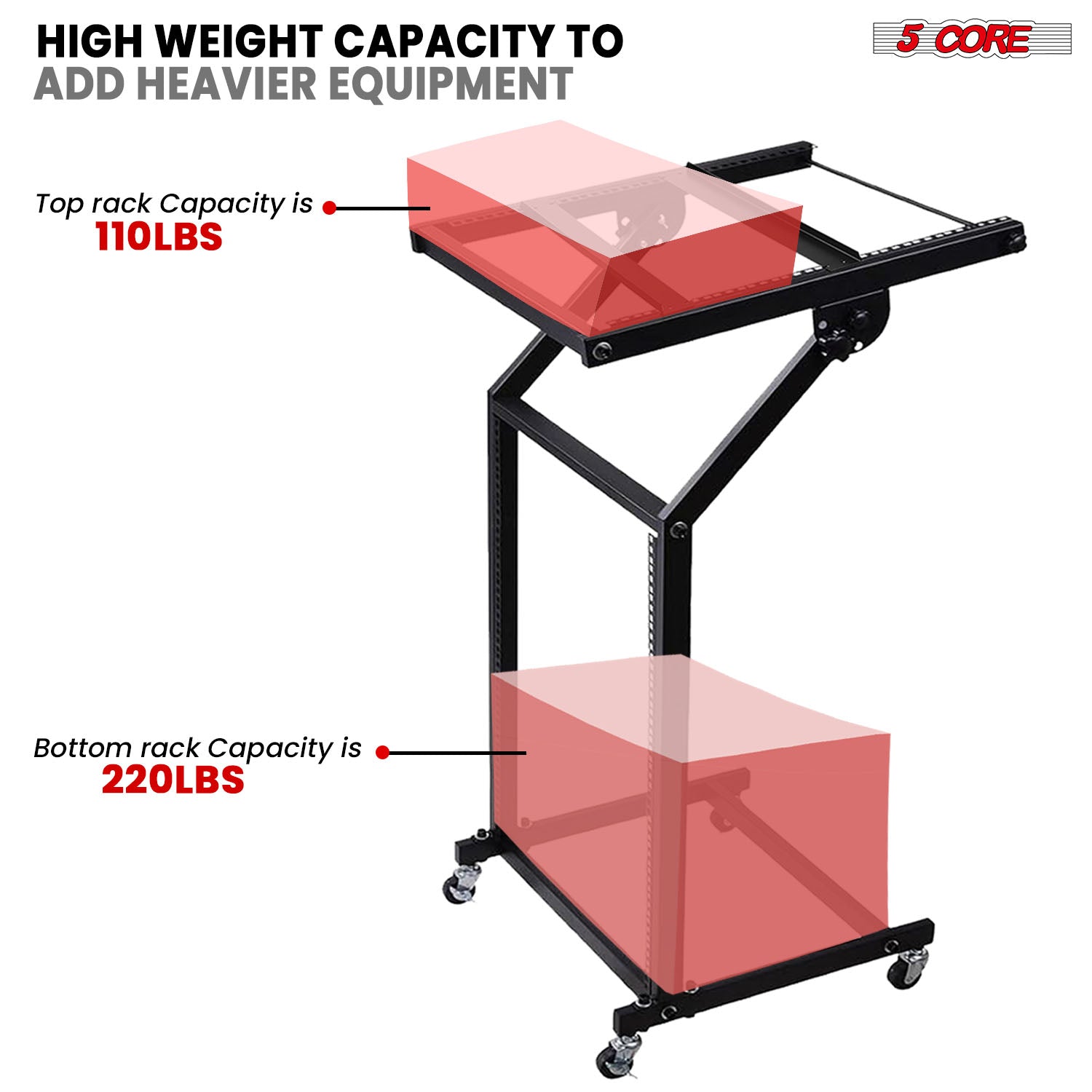 5Core DJ Mixer Stand 12U Adjustable Rack Mount Rolling Stage Cart Pro Audio Studio Equipment w Wheel-2
