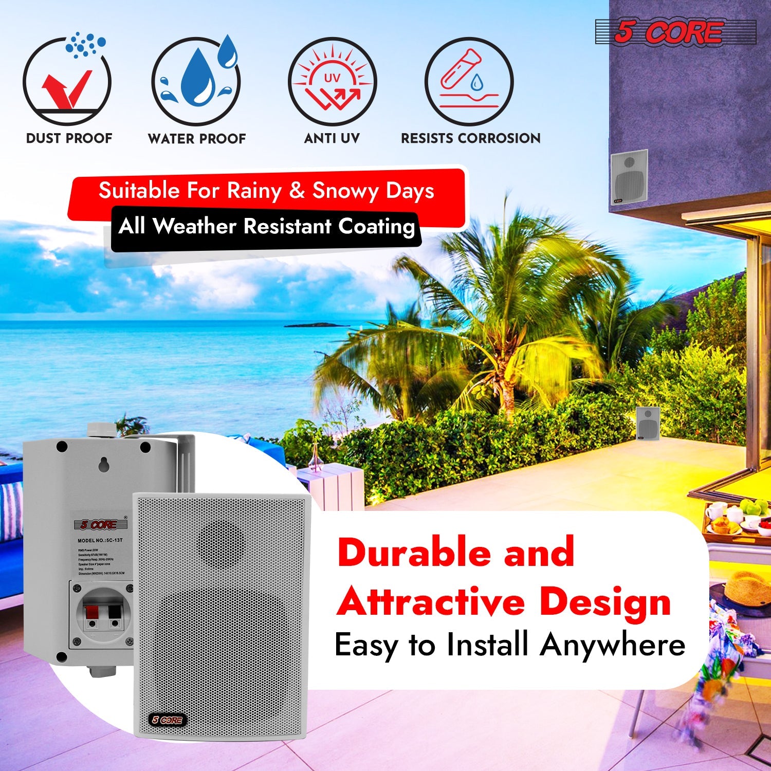 5Core Outdoor Speakers Stereo In Wall 100W Peak Passive Home Audio System-2