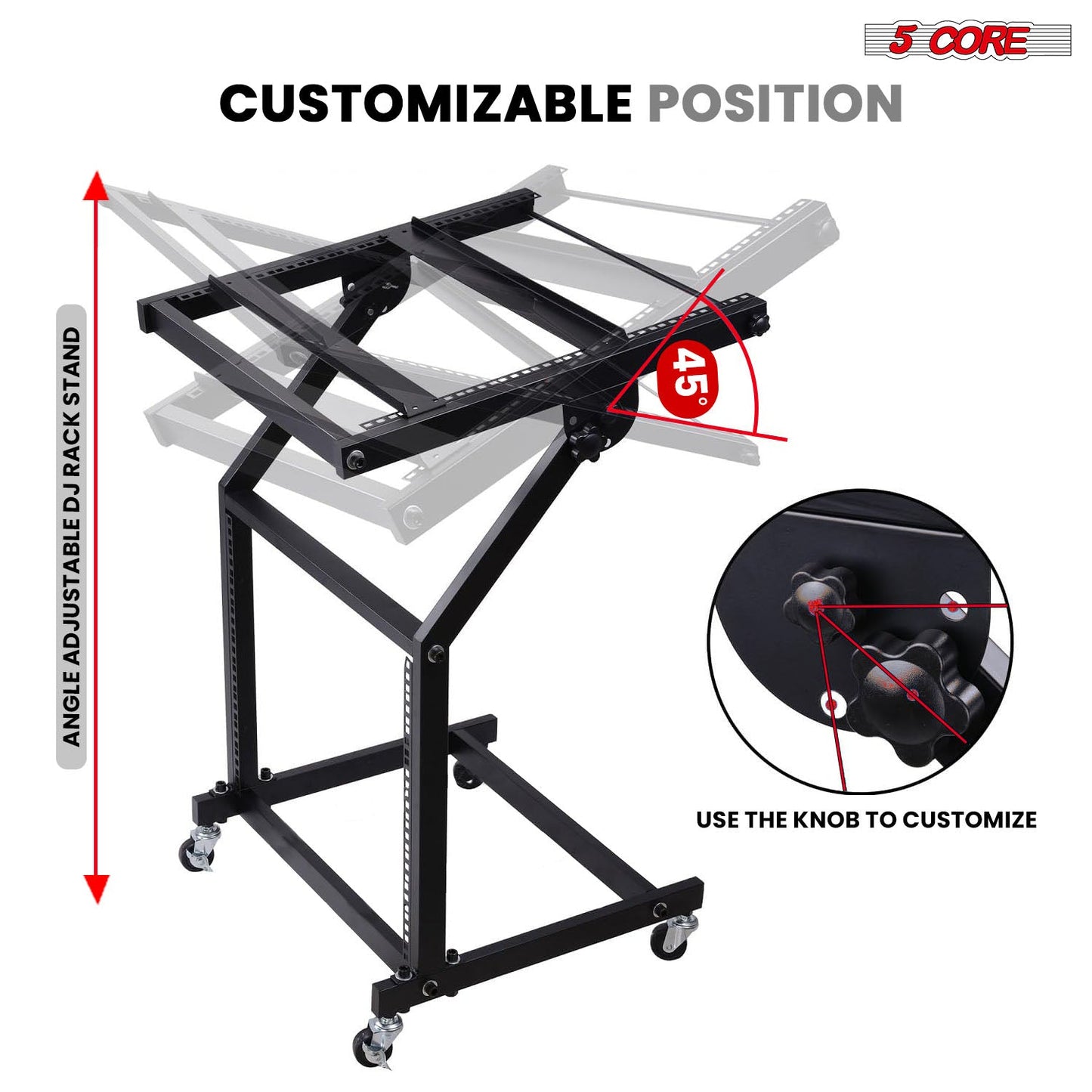 5Core DJ Mixer Stand 12U Adjustable Rack Mount Rolling Stage Cart Pro Audio Studio Equipment w Wheel-3