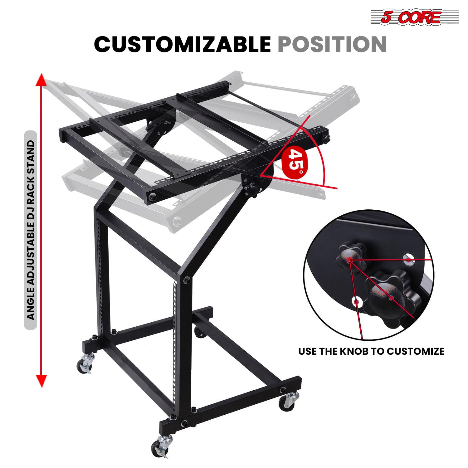 5Core DJ Mixer Stand 12U Adjustable Rack Mount Rolling Stage Cart Pro Audio Studio Equipment w Wheel-3