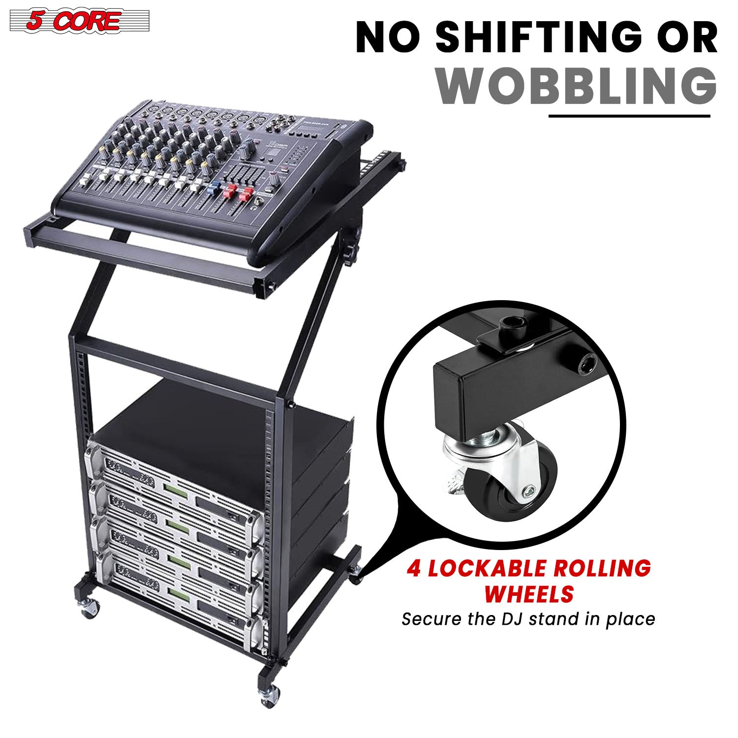 5Core DJ Mixer Stand 12U Adjustable Rack Mount Rolling Stage Cart Pro Audio Studio Equipment w Wheel-4