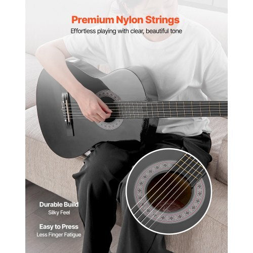 Classical Guitar, 38 Inch, Wood Classical Guitar Starter Kit for Beginners, with Nylon Strings, Gig Bag, Strap, Tuner, Extra Strings, Picks, Capo, Basswood, for Teenagers Adults Students, Black - American Smart