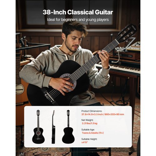 Classical Guitar, 38 Inch, Wood Classical Guitar Starter Kit for Beginners, with Nylon Strings, Gig Bag, Strap, Tuner, Extra Strings, Picks, Capo, Basswood, for Teenagers Adults Students, Black - American Smart
