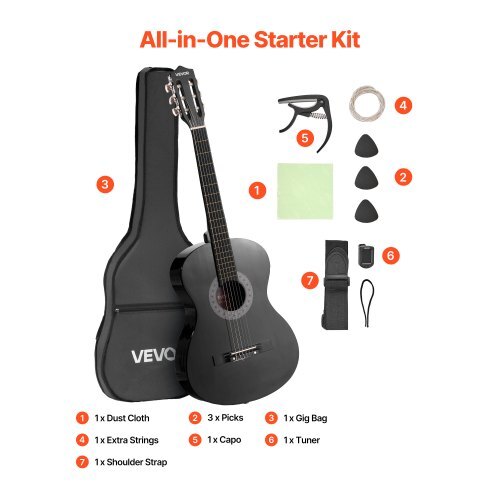 Classical Guitar, 38 Inch, Wood Classical Guitar Starter Kit for Beginners, with Nylon Strings, Gig Bag, Strap, Tuner, Extra Strings, Picks, Capo, Basswood, for Teenagers Adults Students, Black - American Smart