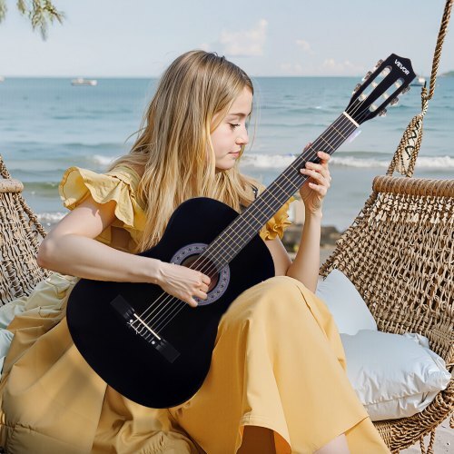 Classical Guitar, 38 Inch, Wood Classical Guitar Starter Kit for Beginners, with Nylon Strings, Gig Bag, Strap, Tuner, Extra Strings, Picks, Capo, Basswood, for Teenagers Adults Students, Black - American Smart