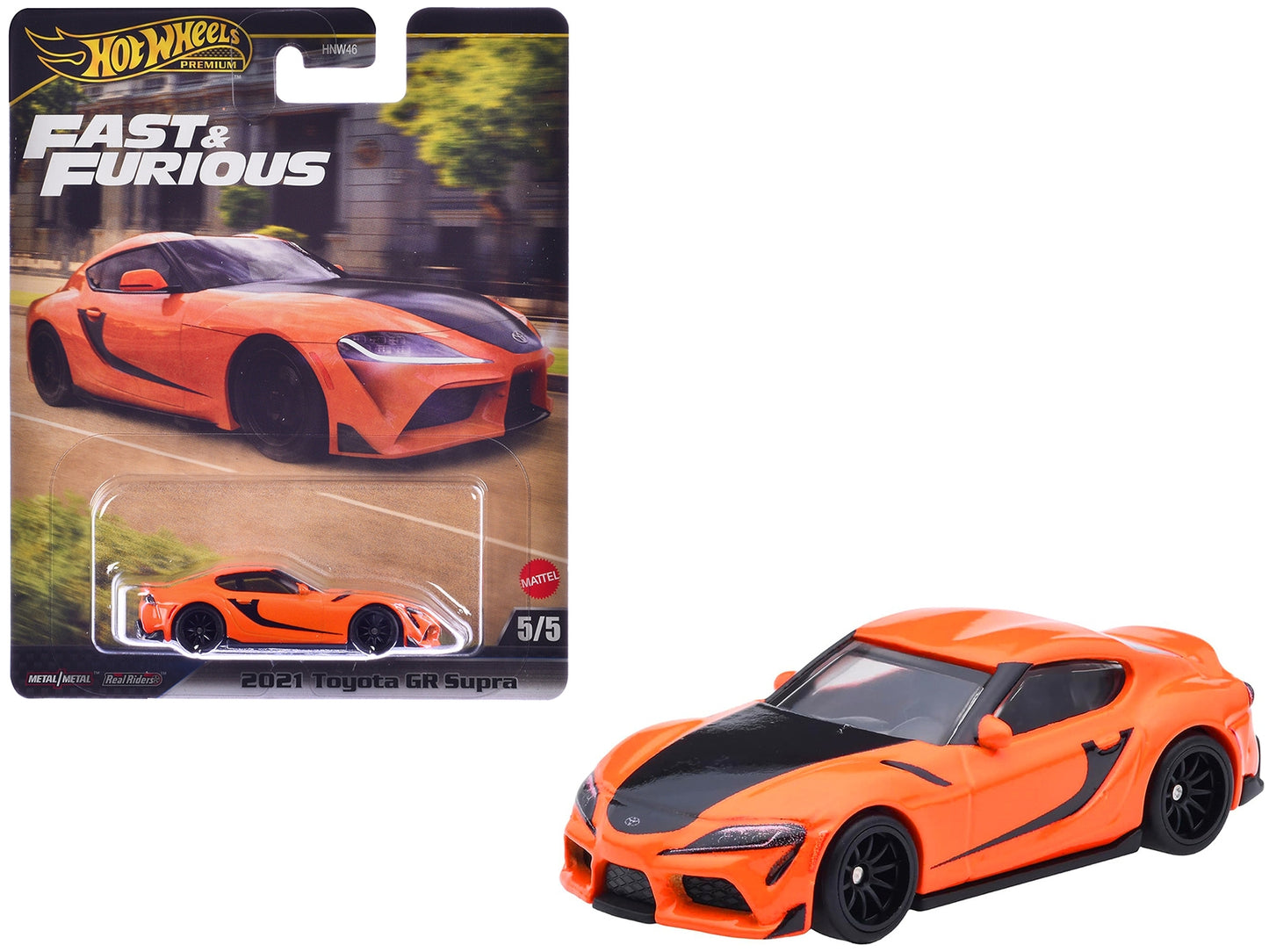 Orange and black 2021 Toyota GR Supra diecast model car from Hot Wheels, inspired by the Fast & Furious series.