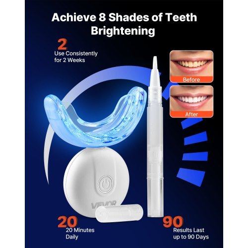 Teeth Whitening Kit with LED Light, 32 LED Accelerator Lights, Whitening Strips, Pens and Gel Syringes, U-Shaped Tray, Wireless Portable Kit Fast and Effectively Removes Stubborn Stains