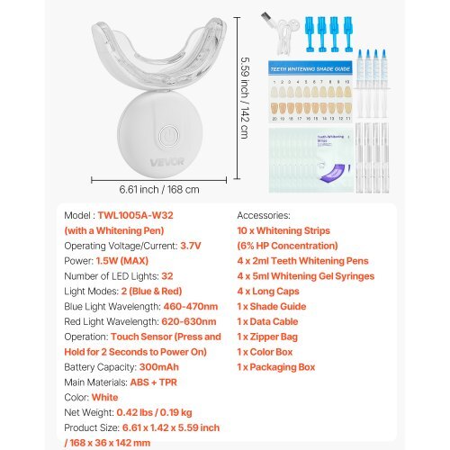 Teeth Whitening Kit with LED Light, 32 LED Accelerator Lights, Whitening Strips, Pens and Gel Syringes, U-Shaped Tray, Wireless Portable Kit Fast and Effectively Removes Stubborn Stains