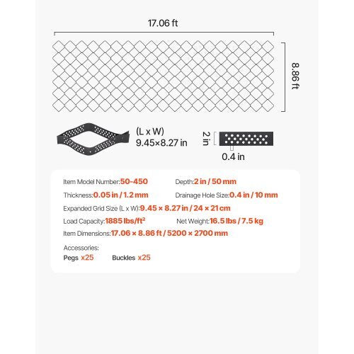 Gravel Grid, 2 Inch Depth, 17.06 x 8.86 FT / 5200 x 2700 mm, 1880 LBS Per Sq ft Grass Ground Retainer, Permeable Geo Grids Driveway Stabilization, for Garden, Patio, Walkway, RV Parking Slopes