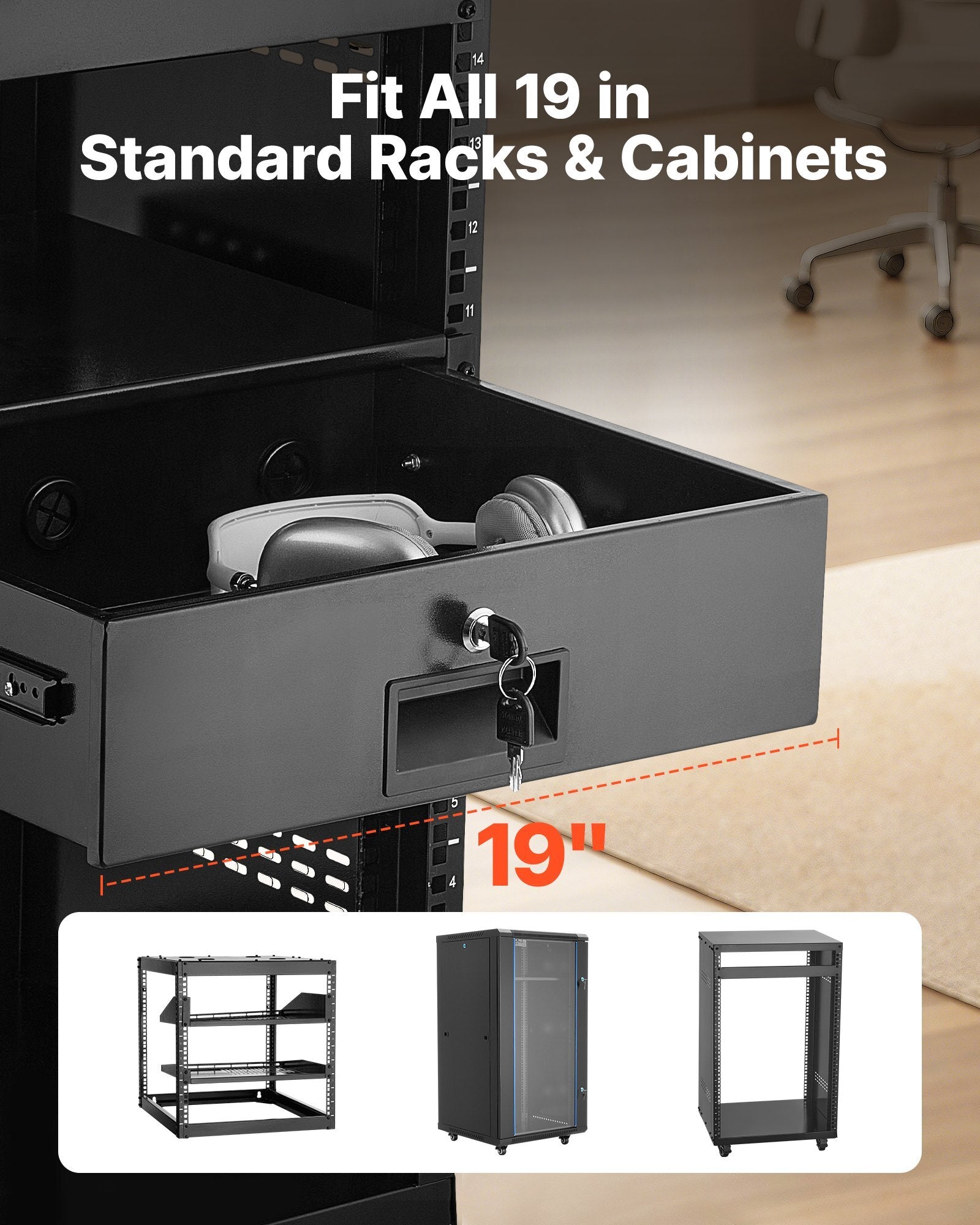 3U Rack Mount Drawer, 50 lbs Max Load-Bearing, Lockable Server Cabinet Case, Sliding Drawer with Lock and Cable Management Holes, for 19 in Network Equipment Server AV Rack or Cabinet Enclosure - American Smart