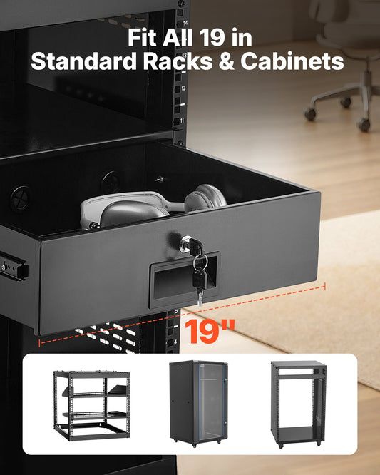3U Rack Mount Drawer, 50 lbs Max Load-Bearing, Lockable Server Cabinet Case, Sliding Drawer with Lock and Cable Management Holes, for 19 in Network Equipment Server AV Rack or Cabinet Enclosure - American Smart
