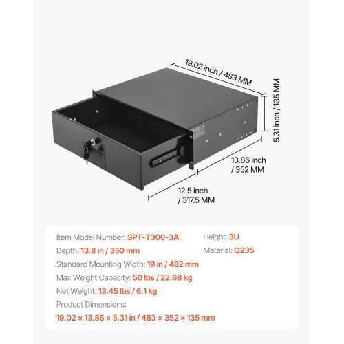 3U Rack Mount Drawer, 50 lbs Max Load-Bearing, Lockable Server Cabinet Case, Sliding Drawer with Lock and Cable Management Holes, for 19 in Network Equipment Server AV Rack or Cabinet Enclosure - American Smart