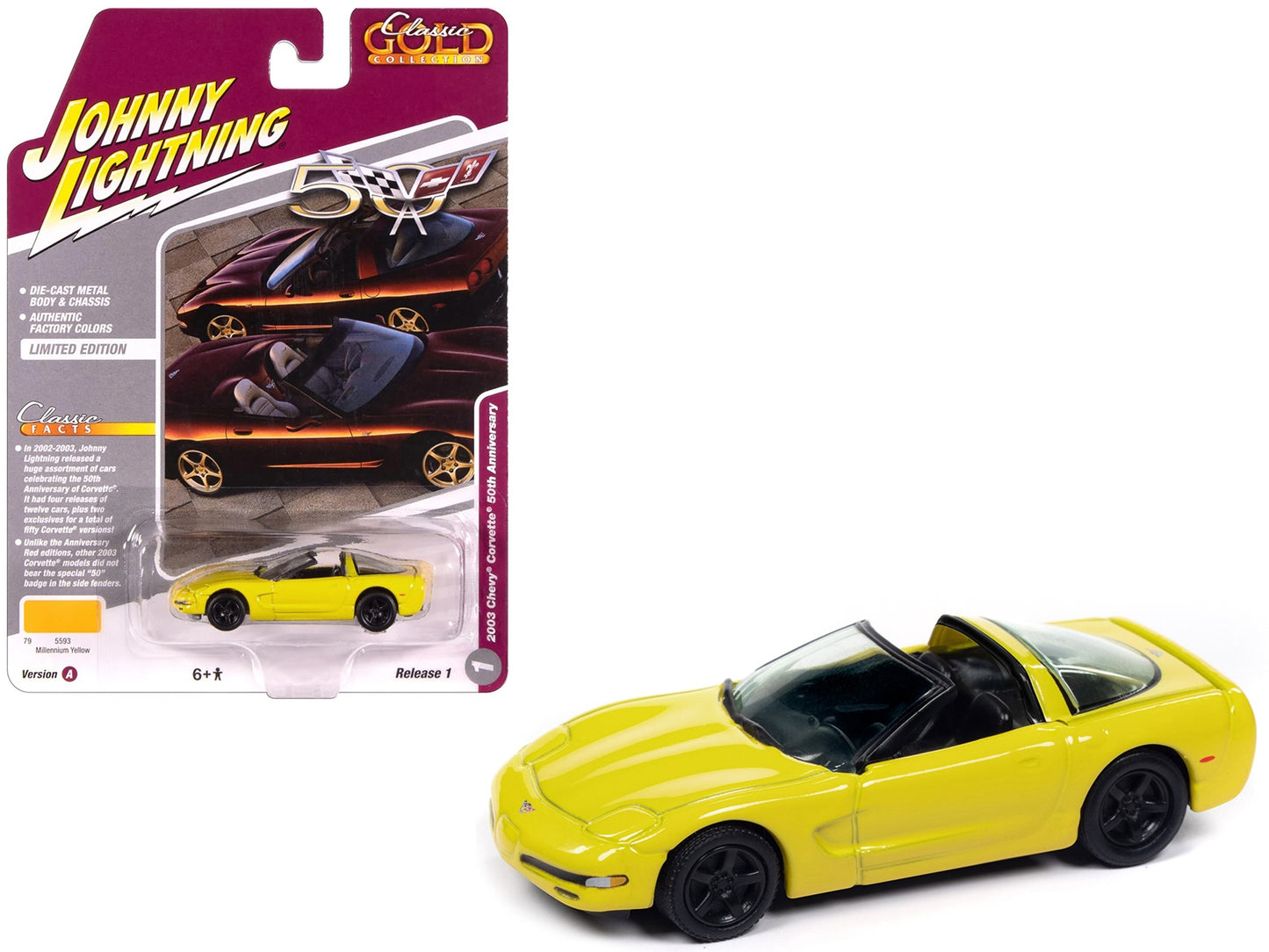 2003 Chevrolet Corvette Convertible 50th Anniversary Millennium Yellow diecast model car by Johnny Lightning, detailed collectible display.