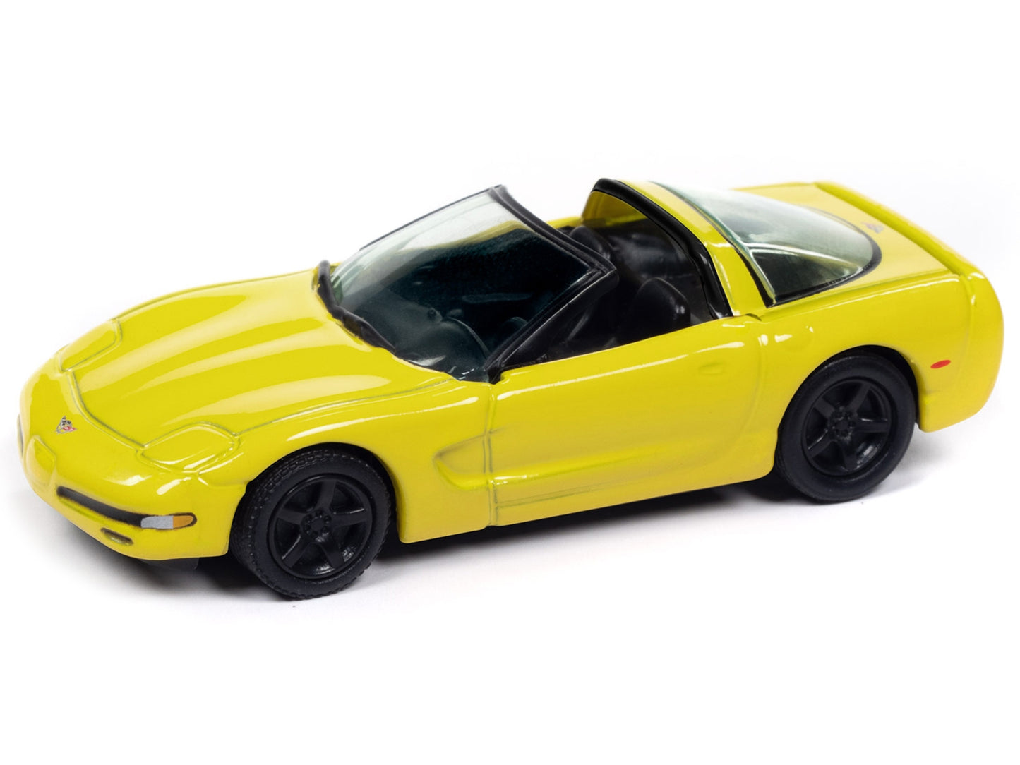 2003 Chevrolet Corvette Convertible 50th Anniversary Millennium Yellow diecast model by Johnny Lightning, detailed classic gold collection car.