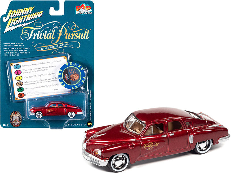 1948 Tucker Torpedo Red Maroon Metallic "Tucker: The Man and His Dream" (1988) Movie with Poker Chip (Collector Token) and Game Card "Trivial Pursuit" "Pop Culture" Series 3 1/64 Diecast Model Car by Johnny Lightning-0