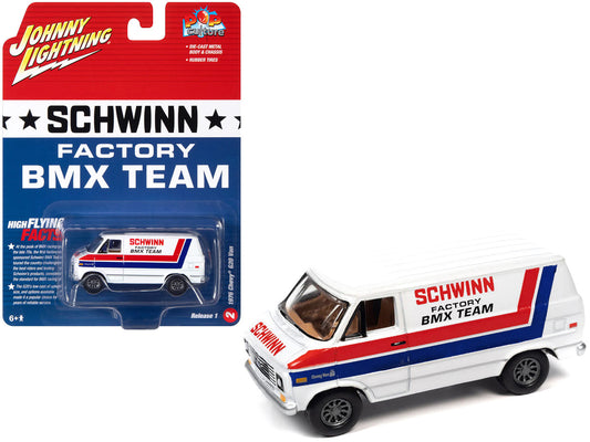 1976 Chevrolet G20 Van White with Stripes "Schwinn Factory BMX Team" "Pop Culture" 2023 Release 1 1/64 Diecast Model Car by Johnny Lightning-0